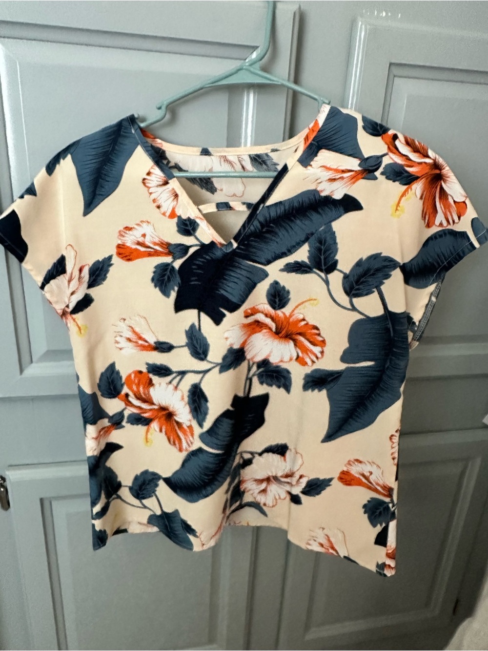 Floral V-Neck Short Sleeve Top - Cream with Navy & Orange